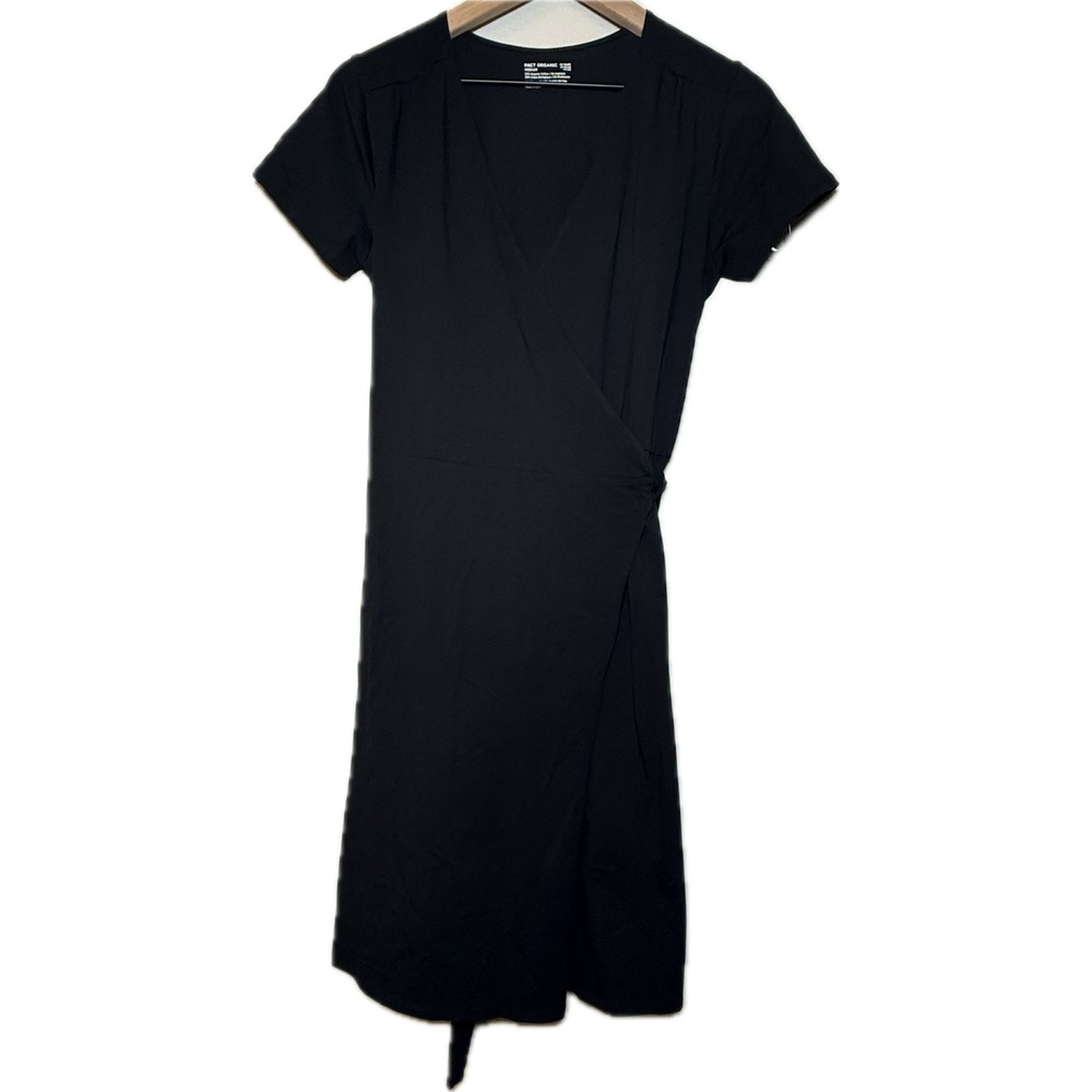 Pact Organic Black Short Sleeve Wrap Dress V-Neck Organic Cotton Midi Medium - Picture 2 of 4